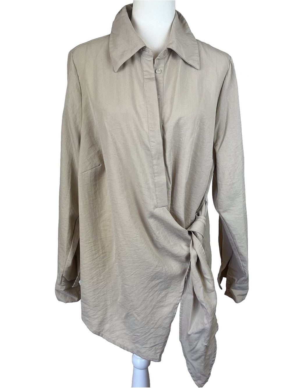 Eloquii Beige Oversized Button Up Tunic Top Asymmetrical Tie Front Size 16
